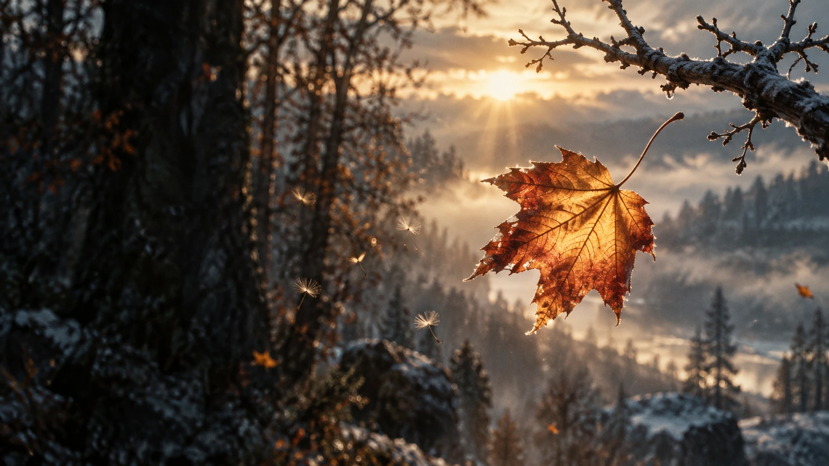 A glowing amber autumn leaf falls from a cold bare branch, with warm rays of sunlight shining through its veins.