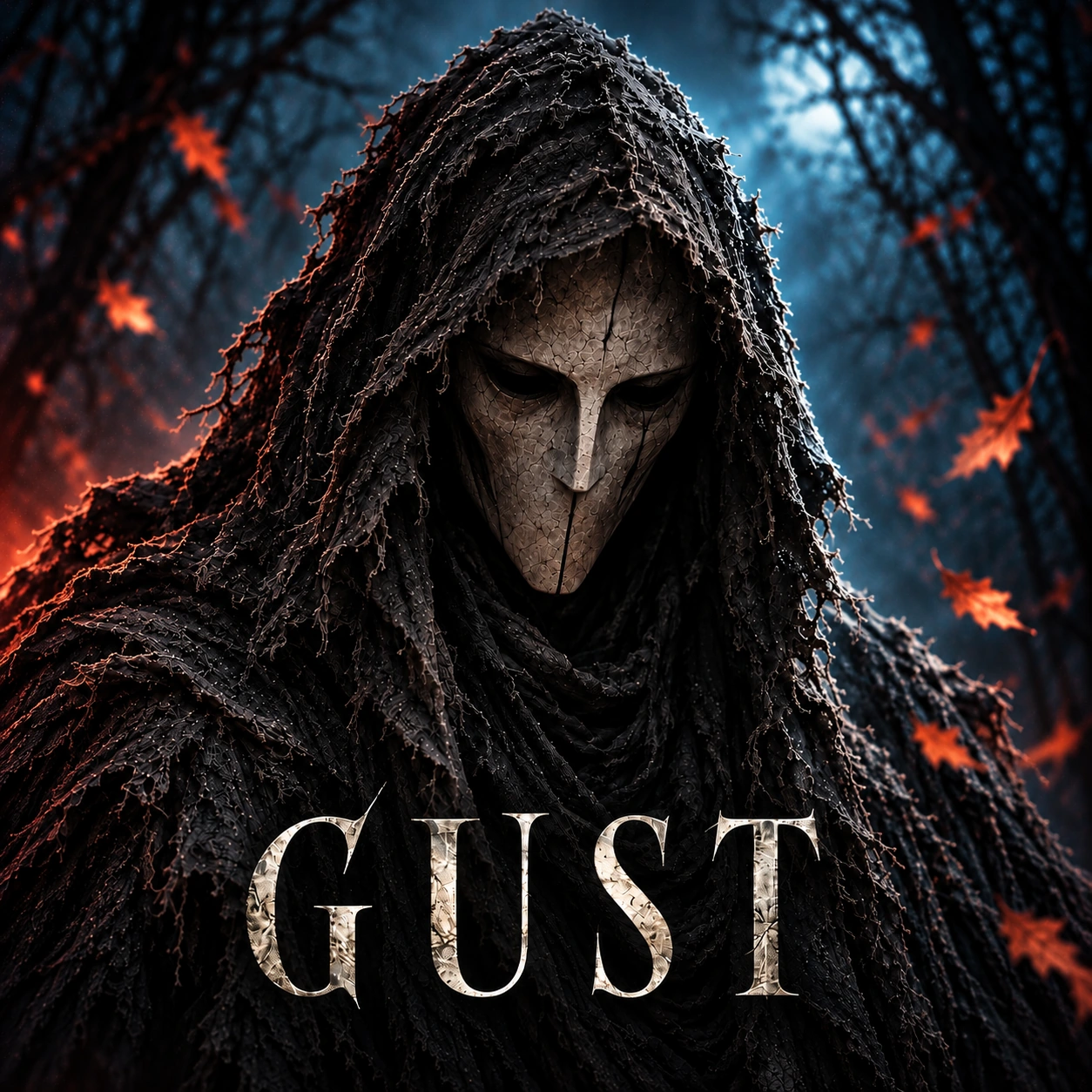 Gust — an ancient hooded presence with a weathered bone mask.