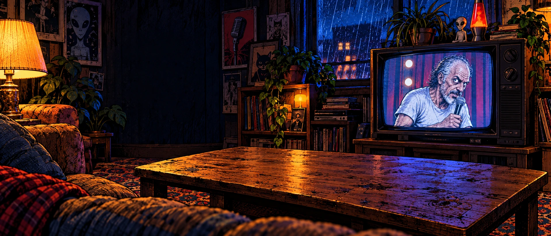 An illustrated 1980s living room at night, with amber lamps, a wooden coffee table and a blue-glowing CRT showing the Last Nerve comedian