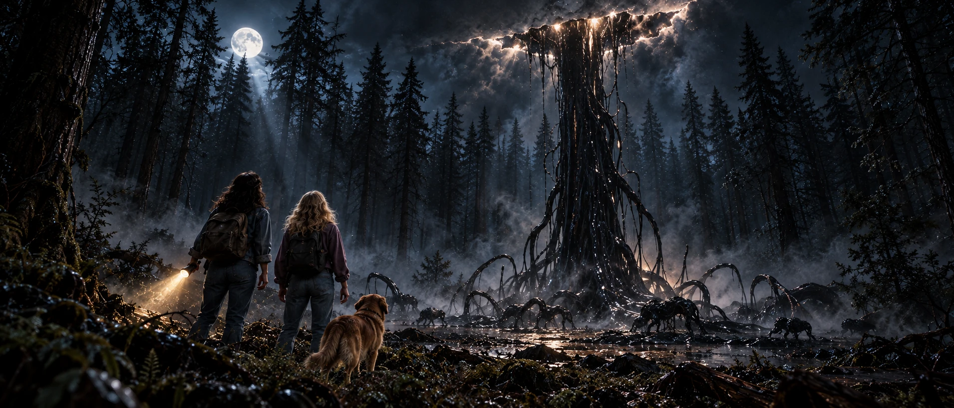 Two women and a dog look up at a glowing tear above a moonlit forest, as black matter descends into a pool and small creatures emerge.