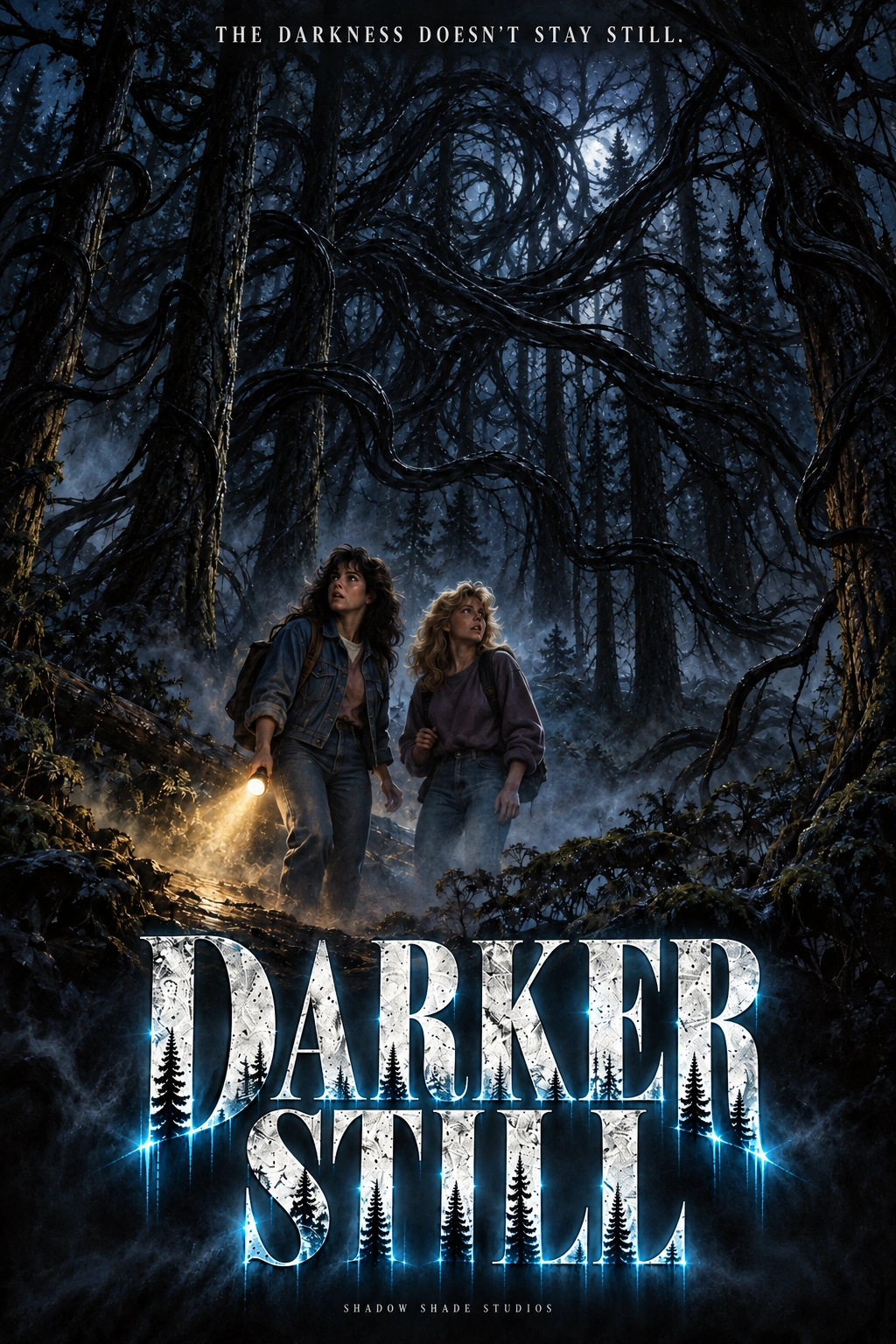 Darker Still horror poster: two young women beneath an entity of black tendrils disguised as forest branches, with a shimmering white pine-cut title.