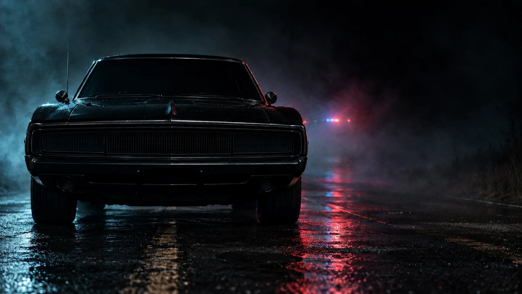A solitary blacked-out 1970 Dodge Charger faces directly toward the camera on a desolate night road, with distant police lights glowing through darkness and fog.