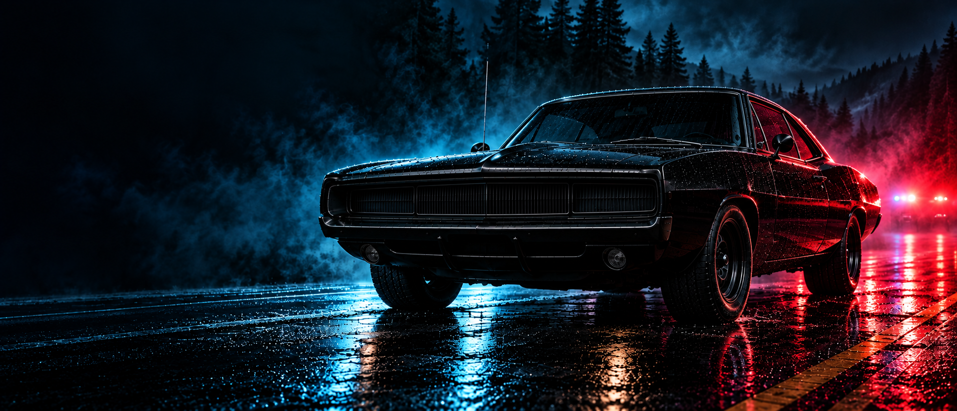 A fully blacked-out 1970 Dodge Charger with every lamp off, no license plates or emblems, on a rain-slick Arkansas highway.