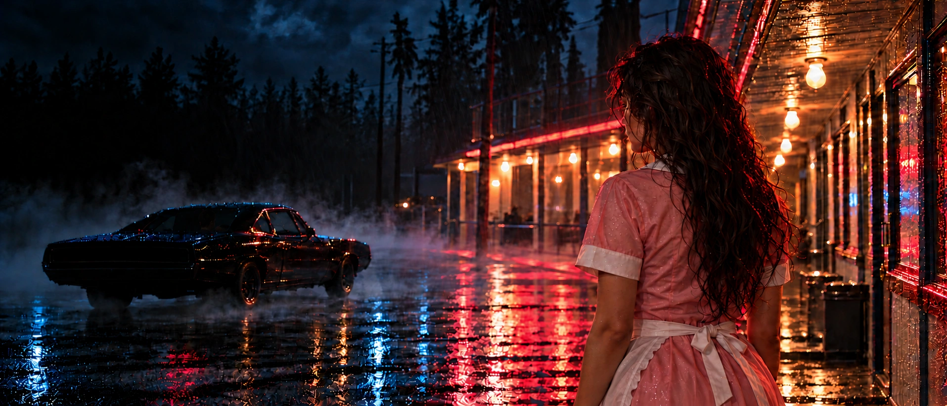 Marisol Vega watches from the motel as Jonas Voss sits facing ahead in the blacked-out Charger, preparing to leave.