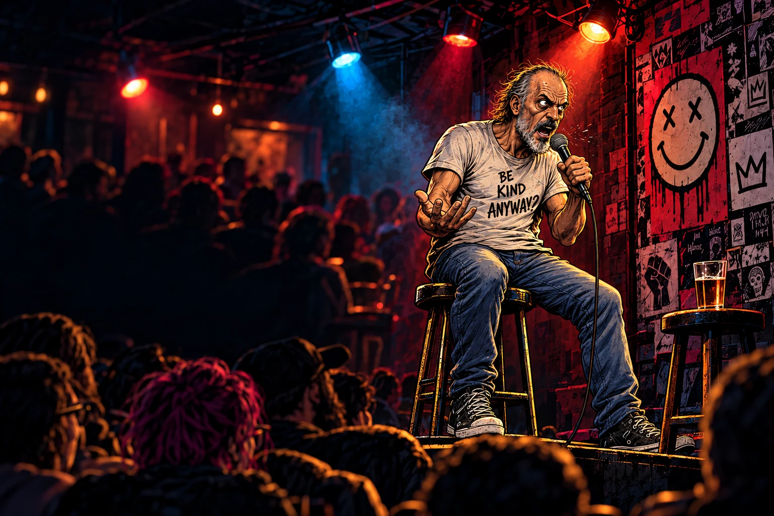 Cal Ruskett performs with a microphone in the red and cyan light of the comedy club.