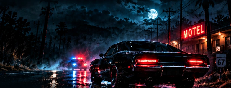 A black Dodge Charger outside a neon motel on a rain-soaked night.