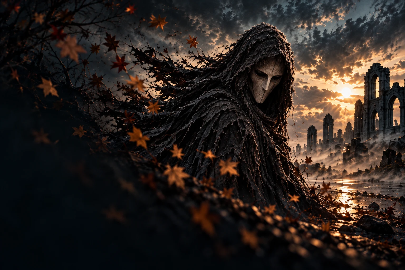 The masked GUST Reaper stands among windblown autumn leaves and ancient ruins, without a scythe.