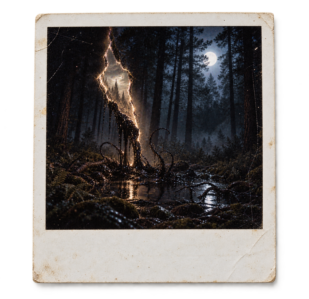 An aged instant photograph showing a glowing tear and dark tendrils in a moonlit forest.