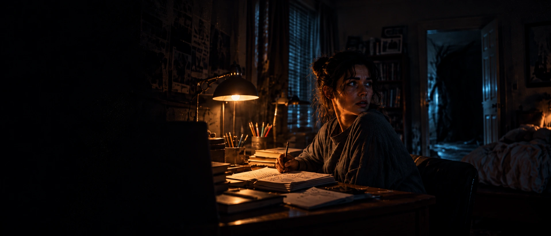 A young woman looks back from her lamplit study desk toward a cold blue doorway.