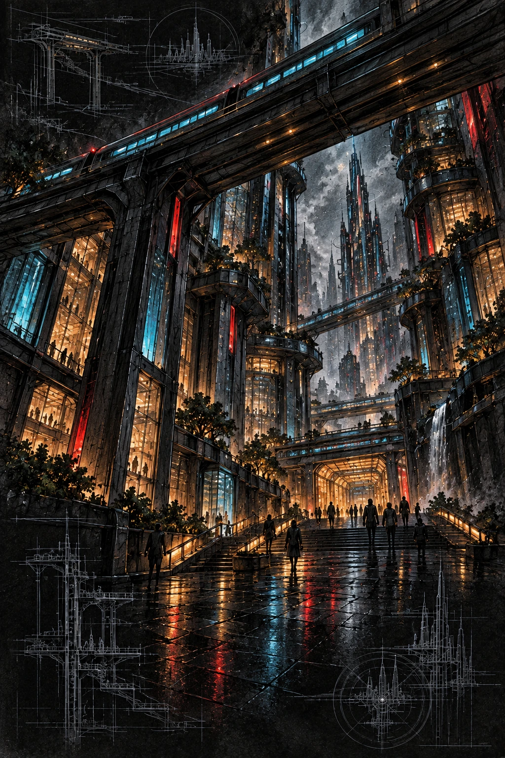 A street-level concept study of Shimmering City beneath an elevated train, with rain-soaked steps, towering architecture and colored light over black drafting paper.