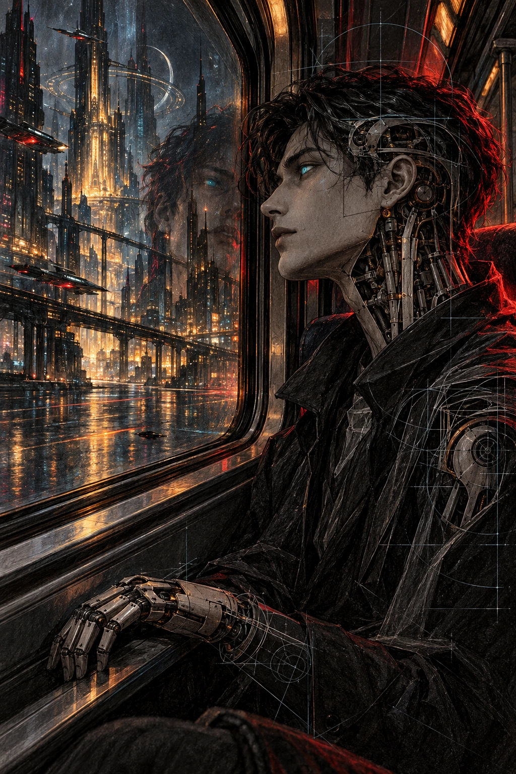 A male android watches the city from a train window, with cyan eyes and exposed temple mechanisms over black concept-art paper.