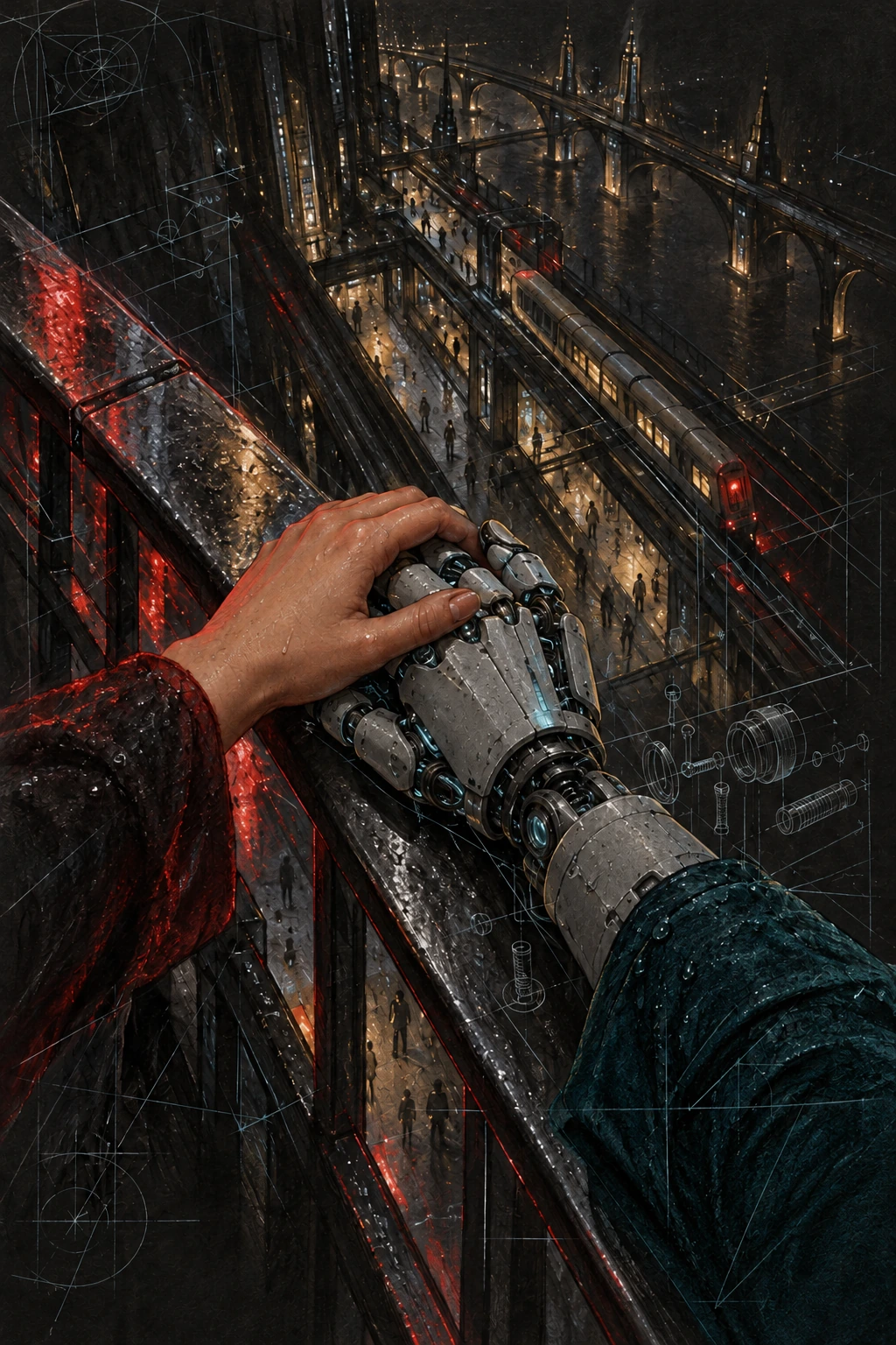 A human hand clasps an android hand above a transit station, with a dark cyan android sleeve and fine blueprint construction marks.