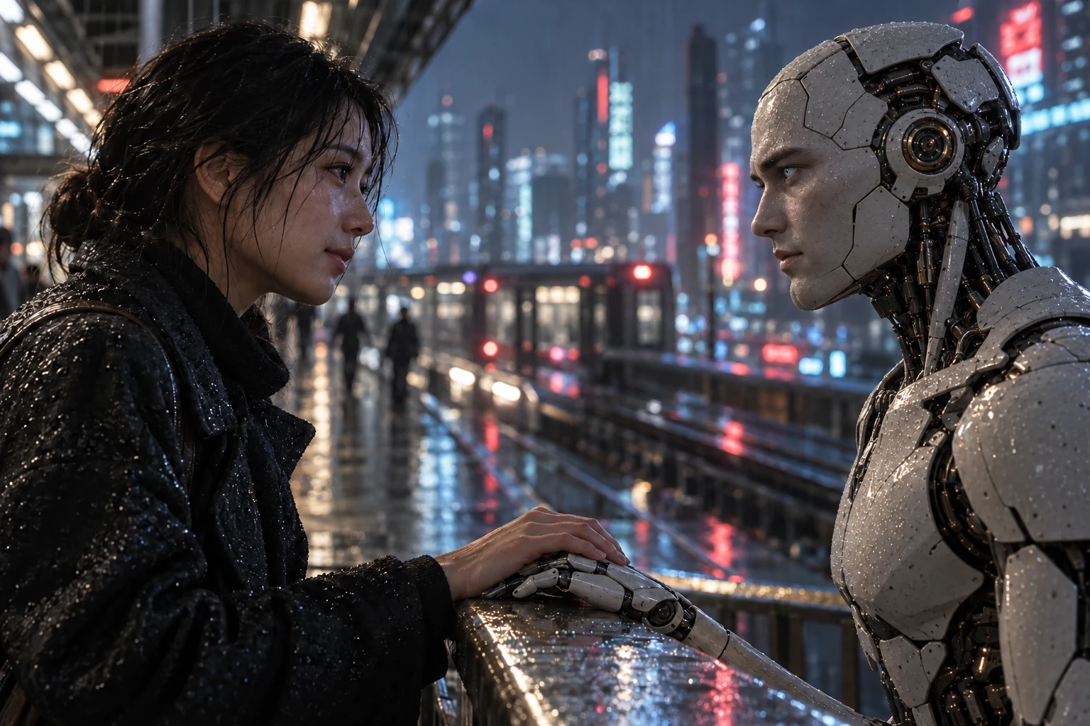 A woman rests her hand on a male android’s hand on a rain-lit station platform; his pale eyes have an eerie, watchful gaze.