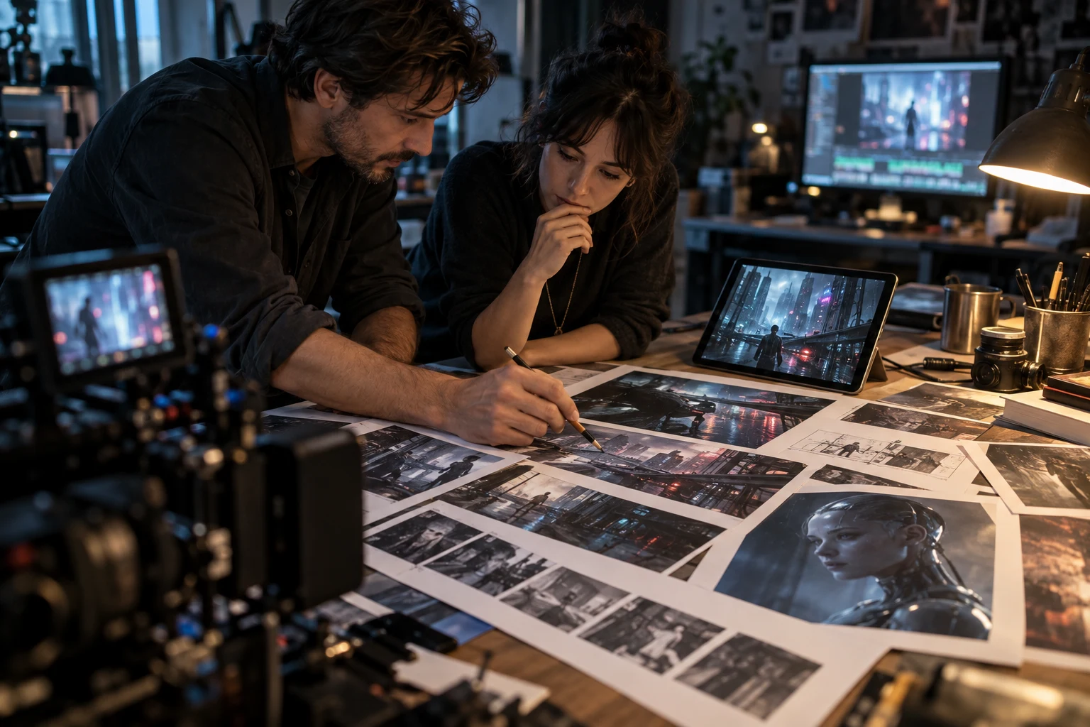 Two filmmakers work through photographic studies and storyboards at a studio table, planning the world of Shimmering City.