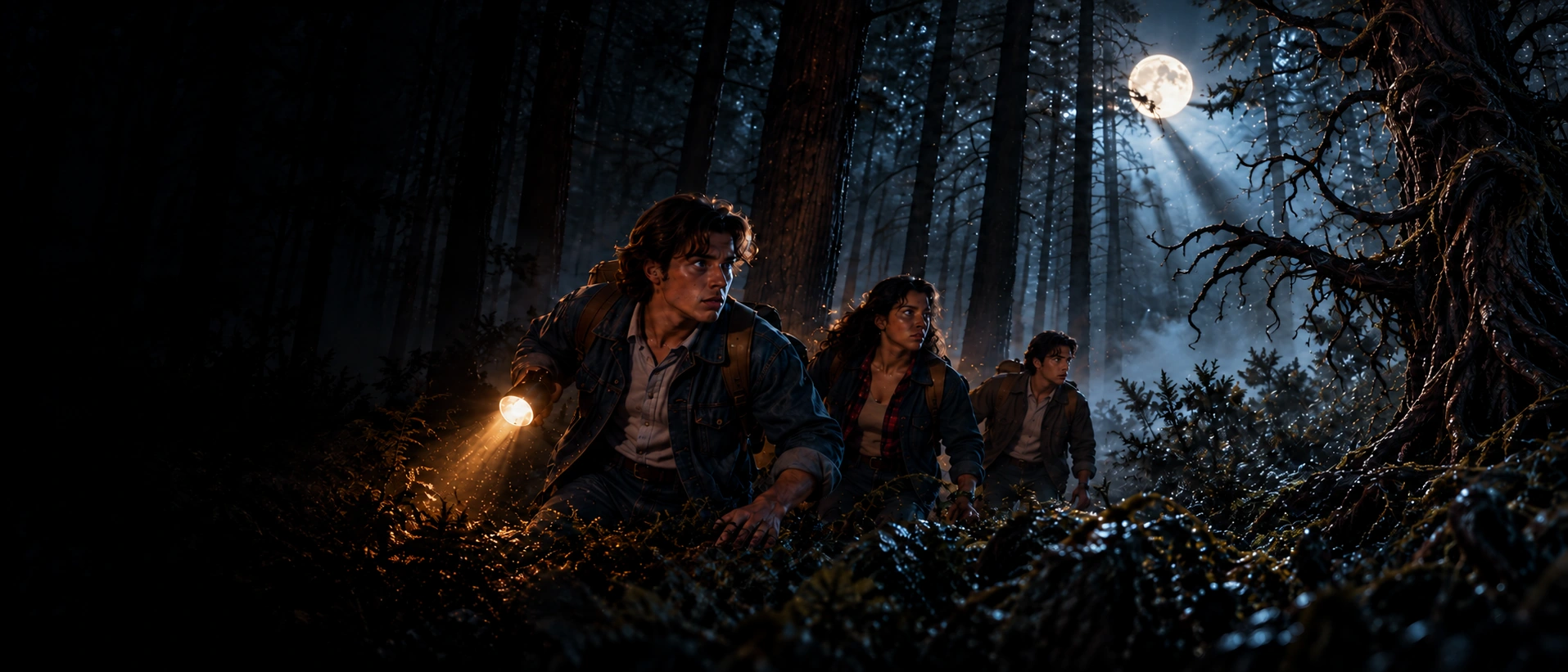 Three friends, including a Hispanic man at the rear, follow a flashlight beam through a moonlit pine forest as black tendrils disguise themselves as tree branches.