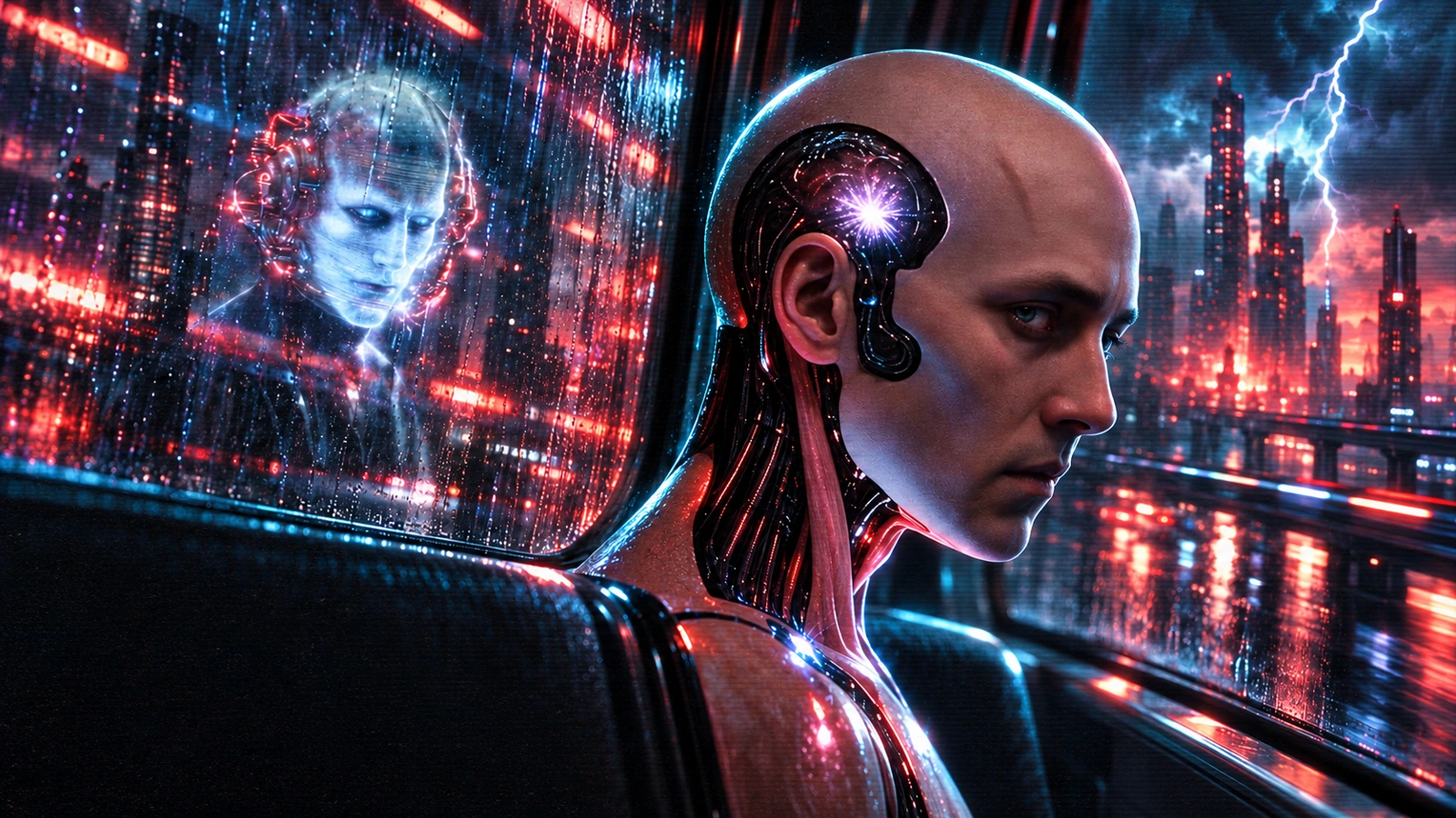 Shimmering City Concept 2024 — an android in a rain-lit city of cyan and crimson.