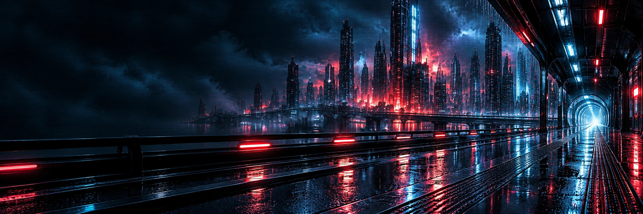 Crimson and cyan light reflects across a rain-soaked transit platform overlooking the Shimmering City skyline.