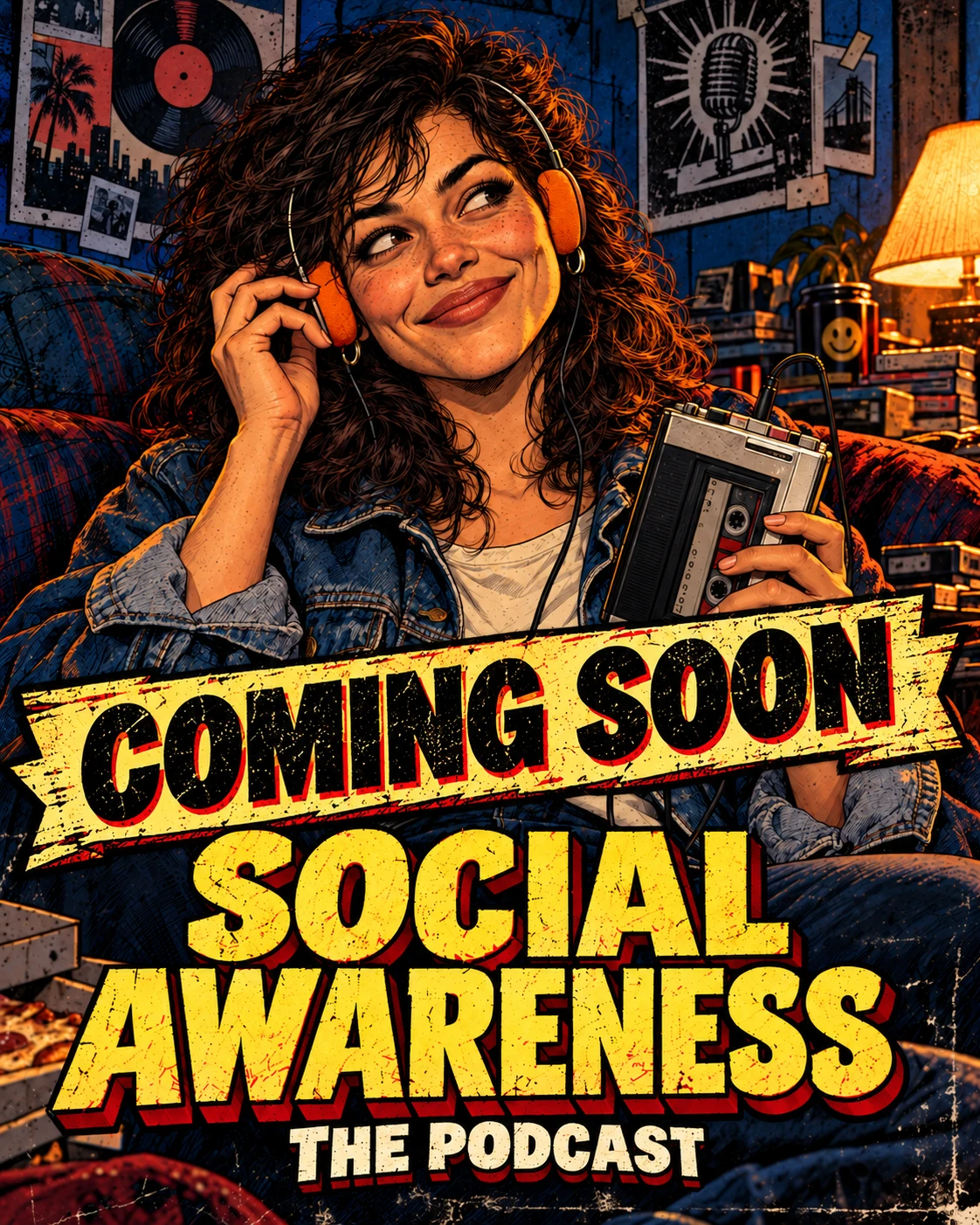 Social Awareness: The Podcast — coming soon. A woman listens with orange headphones and holds a portable cassette player.